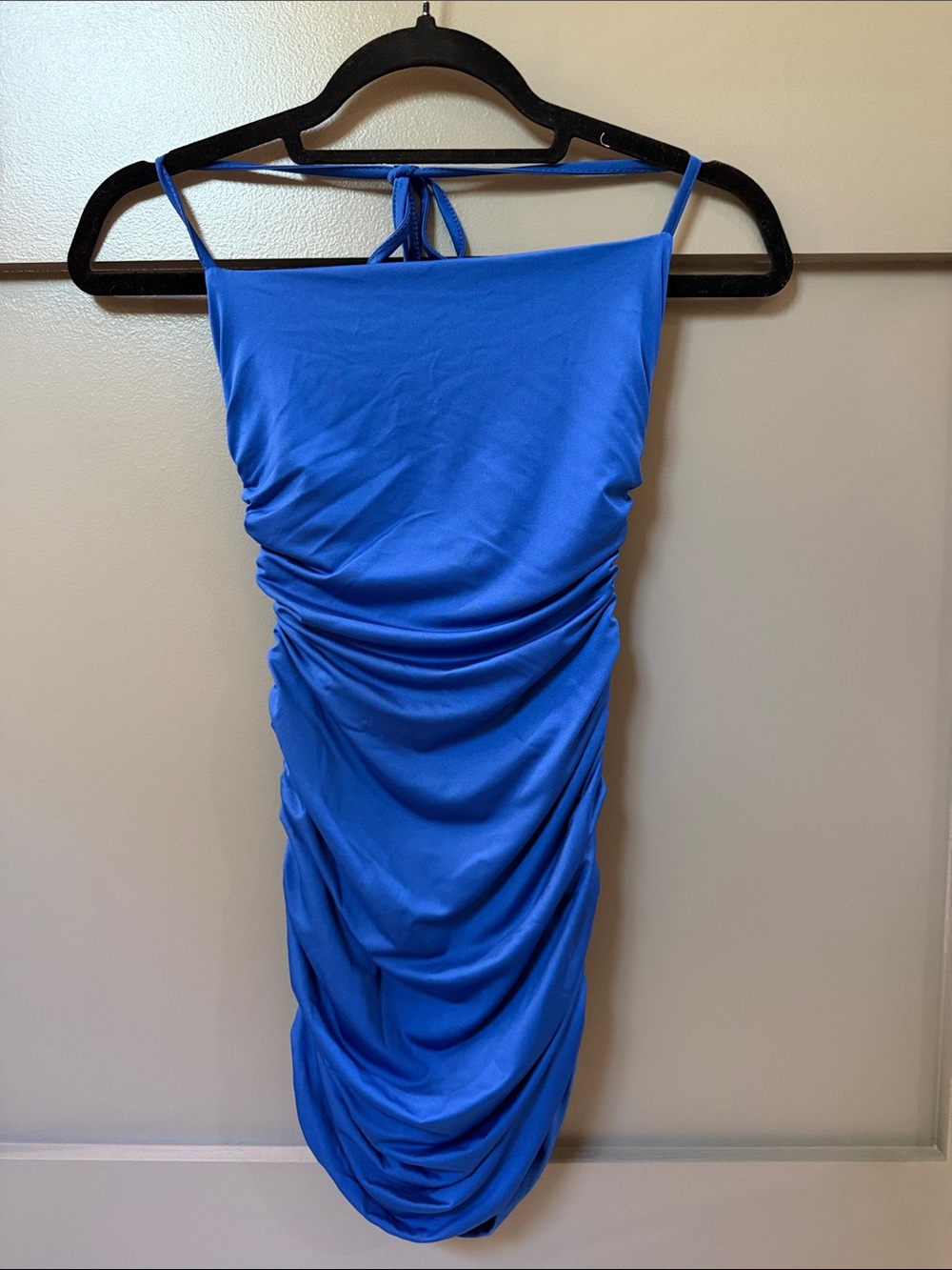 Blue Bodycon Ruched Spaghetti Strap Mini Dress